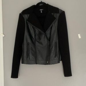 Black sweater-sleeve & pleather moto jacket by Jones New York, size medium.